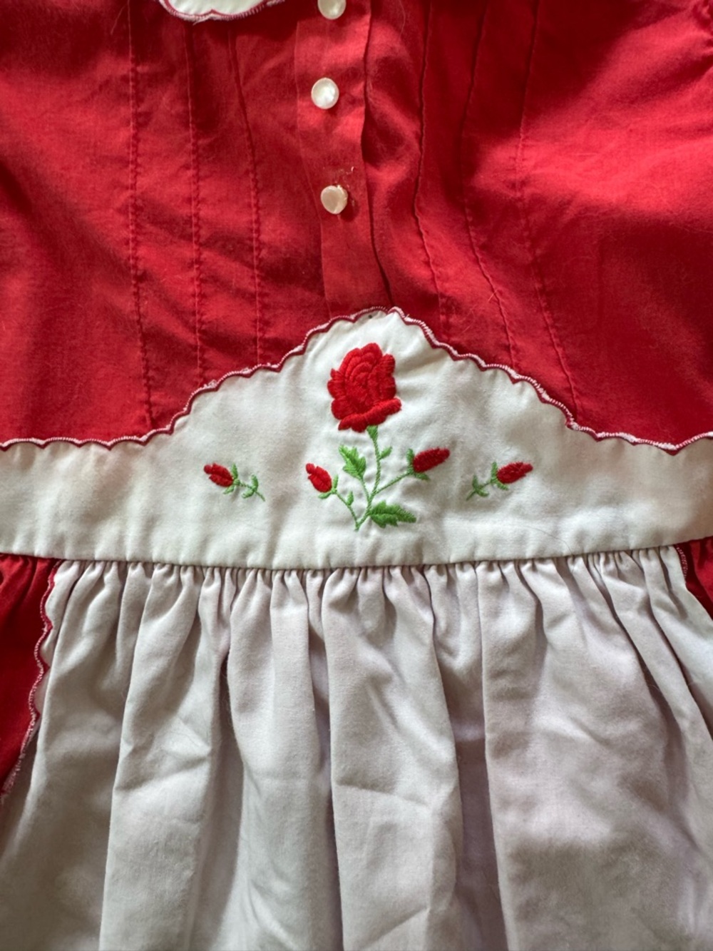 Vintage Red and White Girl's Dress with Embroidered Apron - Picture 2 of 4